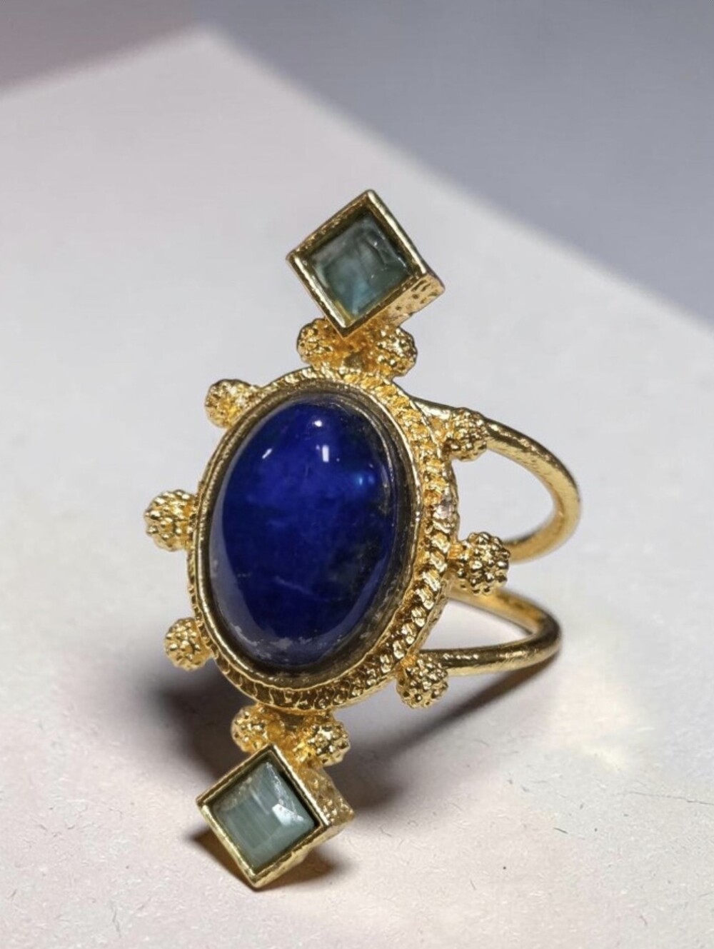 Romantic 18k Gold Plated Artisan Lapis Lazuli Aquamarine Crystal Ring